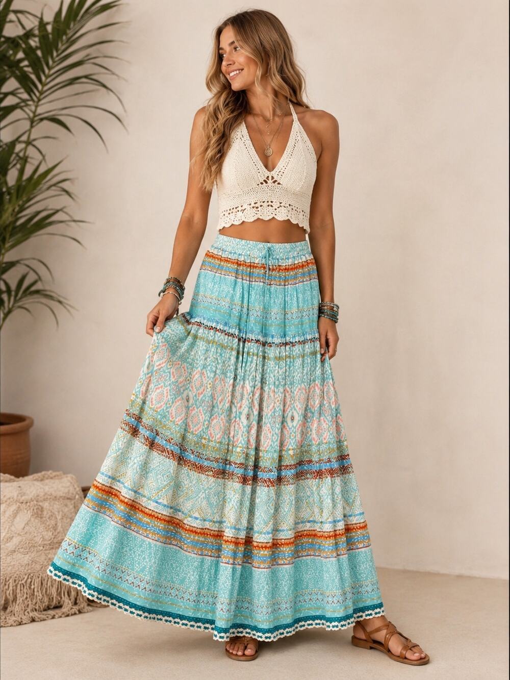 Luna Llena Boho Maxi Skirt Rayon Tiered Crochet Trim Elastic Waist Med Resort
